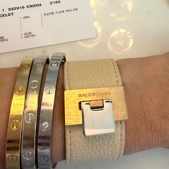Balenciaga Jewelry - HOT! Balenciaga Silver Lock Cream Leather Bracelet with Gold-Tone Plaque